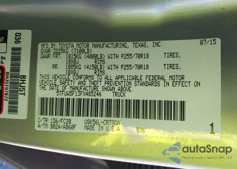 2015 Toyota Tundra Sr5 5.7L V8 from USA, damaged, VIN 5TFUW5F13FX485246